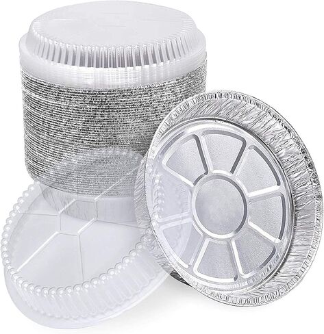 DecorRack 14 Round Aluminum Pans with Dome Lid, 9 Inch Heavy Duty Tin Foil Pans, Perfect for Reheating, Baking, Roasting, Meal Prep, To-Go Containers, Environmentally Friendly (Pack of 14) in Kuwait