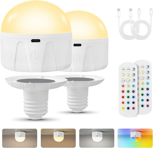 Rechargeable Light Bulbs for Lamps and Sconces with Remote and Timer, E26 Battery Powered Magnetic LED Bulb for Non-Hardwired Fixture, 3 Color Temperatures + 12 RGB Colors(2 Pack) in Saudi Arabia