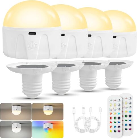 Rechargeable Light Bulbs for Lamps and Sconces with Remote and Timer, E26 Battery Powered Magnetic LED Bulb for Non-Hardwired Fixture, 3 Color Temperatures + 12 RGB Colors(2 Pack) in Saudi Arabia
