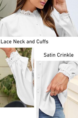 Neweek Button Down Shirts for Women Long Sleeve Shirts Lace Neck Tops Formal Collared Blouses Loose Work Office Top Trendy in Saudi Arabia