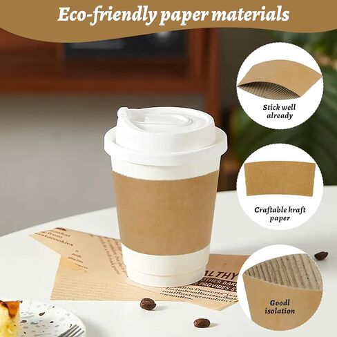 500 PCS أكمام قهوة ، أكمام قهوة من كرافت مموجة بني مموجة ببني يمكن التخلص منها لـ 12oz/16oz/20oz/22oz/24oz مشروبات ساخنة/باردة ، كمب قابلة لإعادة التدوير للمقاهي والمكاتب والمقاهي in Saudi Arabia