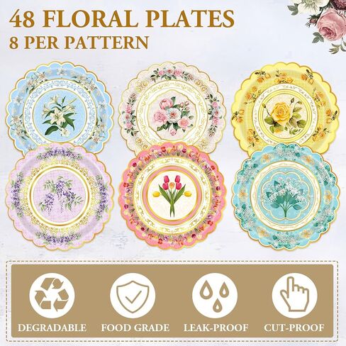 48-Pack Floral Paper Plates, Tea Party Plates, 7 Inch Disposable Floral Plates Decorations for Tea Party, Baby Shower, Bridal Shower, Birthday, Wedding and Any Celebration in Saudi Arabia