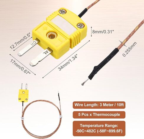 meccanixity 2pcs k type thermocouple mini connector progple sensor ، 10 fts masse range -50c-482c (-58f-899.6f) for hotelyser ، 0.255mm OD in Saudi Arabia