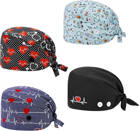 Zando 4 Pcs Nurse Caps Hats For Women Men Scrub Working Cap with Button and Sweatband - Adjustable, Elastic, Soft, Breathable in Saudi Arabia