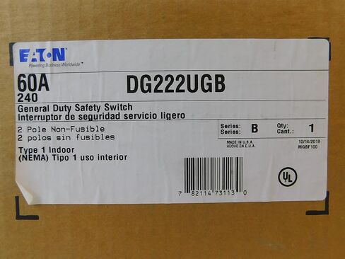 Eaton DG2222UGB 2 WIRE 2 عمود غير قابل للانتقاد سلسلة BISTREAL STILLE STILLE STILLE 240 VOLT AC 60 AMP NEMA 1 in Saudi Arabia