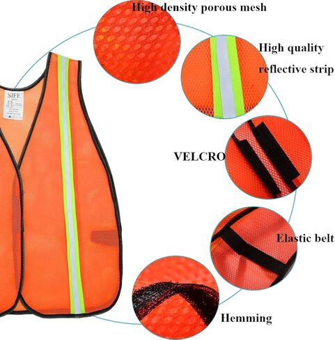 SIFE 10 Pack High Visibility Reflective Safety Vest,Made from Breathable and Neon Orange Mesh Fabric with Stretchable design,light weight for Man and Woman(Orange, 10 pack) in Saudi Arabia