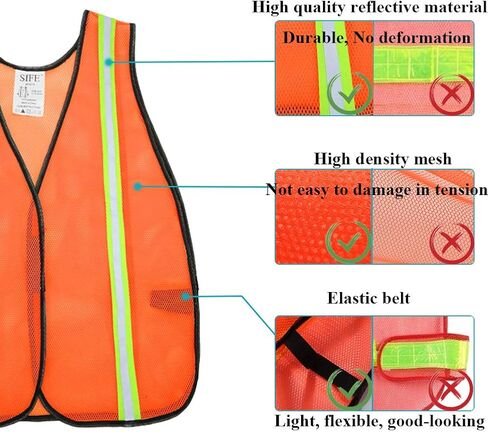 SIFE 10 Pack High Visibility Reflective Safety Vest,Made from Breathable and Neon Orange Mesh Fabric with Stretchable design,light weight for Man and Woman(Orange, 10 pack) in Saudi Arabia