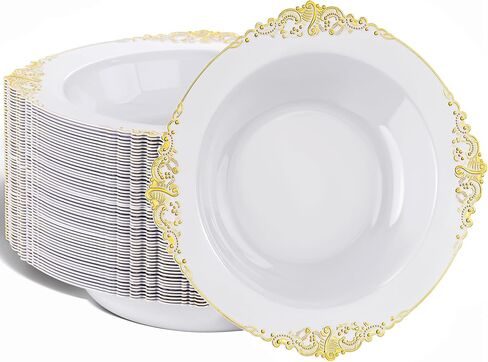 Nervure 50 Pack Plans Plans Bowls with Gold Rim - 12oz الأوعية الحساء التي يمكن التخلص منها - وعاء حلوى شاق ، وعاء السلطة مثالي لحفلات الزفاف والحفلات وعيد الأب والاستخدام اليومي in Kuwait