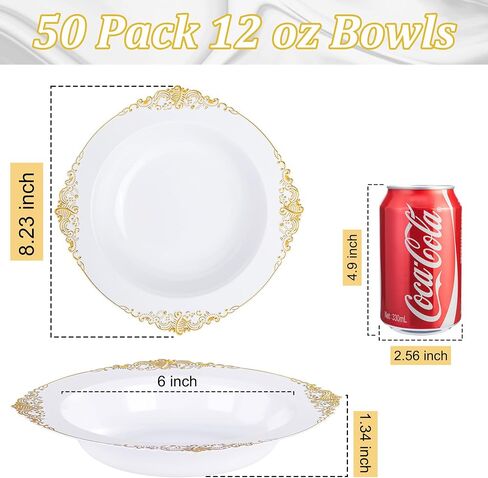 Nervure 50 Pack Plans Plans Bowls with Gold Rim - 12oz الأوعية الحساء التي يمكن التخلص منها - وعاء حلوى شاق ، وعاء السلطة مثالي لحفلات الزفاف والحفلات وعيد الأب والاستخدام اليومي in Kuwait