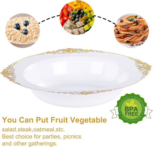 Nervure 50 Pack Plans Plans Bowls with Gold Rim - 12oz الأوعية الحساء التي يمكن التخلص منها - وعاء حلوى شاق ، وعاء السلطة مثالي لحفلات الزفاف والحفلات وعيد الأب والاستخدام اليومي in Kuwait