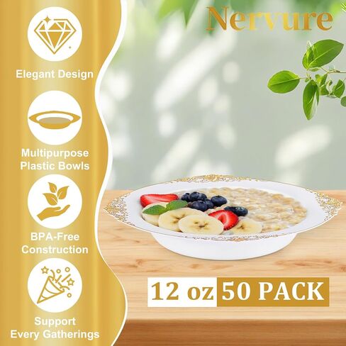 Nervure 50 Pack Plans Plans Bowls with Gold Rim - 12oz الأوعية الحساء التي يمكن التخلص منها - وعاء حلوى شاق ، وعاء السلطة مثالي لحفلات الزفاف والحفلات وعيد الأب والاستخدام اليومي in Kuwait