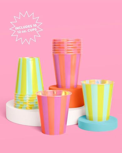 Xo ، Fetti Pink + Green Pool Party Coups | 16 PCS 12 أوقية | شرب الصيف ، زينة ملونة ، مشروبات حفلات العازبة ، لوازم أعياد الميلاد in Saudi Arabia