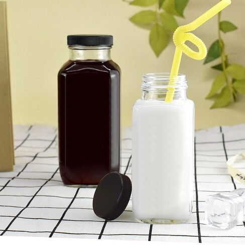 Encheng Vintage Water Bottles ، زجاجات شرب الزجاج 16 أوقية ، مشروب مربع 500 مل مع أغطية للكومبوتشا ، الشاي ، المشروبات الزجاجية محلية الصنع ، عصير الحليب القابل لإعادة الاستخدام. in Kuwait