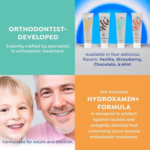 معجون الأسنان Ortho-للأقواس والمحاذاة ، الفلورايد + هيدروكسي نانو ، البالغين والأطفال ، تجاويف المعارك وخلايا العزلات ، المكونات النظيفة المتطورة ، والأمان ، 4 نكهات لذيذة in Kuwait