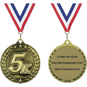 Express Medals Personalized 5K Gold Medal with Red White & Blue Neck Ribbon Award Trophy WAM9 in Saudi Arabia
