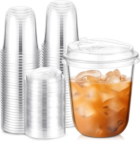 Baderke 50 Sets Crystal Clear Plastic Cups With Lids, Disposable Iced Coffee Cups with Lids for Smoothie, Cold Beverages, Drinking Cups, Cold Drinks for Party, Wedding, Event (Clear,16 oz) in Saudi Arabia