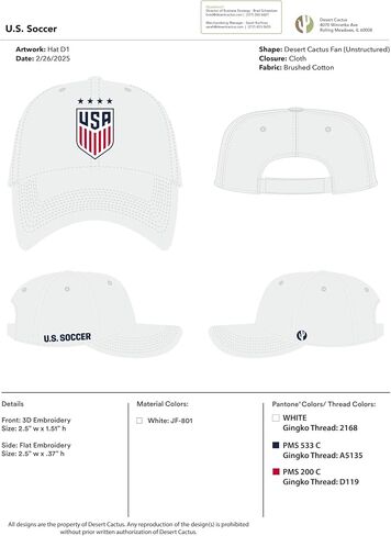 Desert Cactus US Soccer Baseball Hat USWNT United States Women's National Team Brimmed Embroidered Hats Cap Adjustable Cloth Strap Adult (Style D1) White in Kuwait