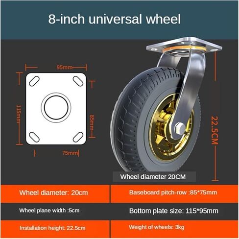 1 Pack of 8-inch Universal Wheel Heavy-Duty casters Silent Rubber Flat cart Shock Absorption with Brake in Saudi Arabia