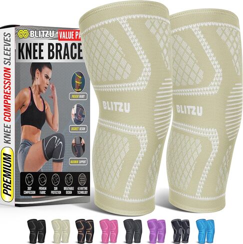 BLITZU 2 Pack Knee Brace, Compression Knee Sleeves for Men, Women, Running, Working out, Weight Lifting, Sports. Knee Braces Support for Knee Pain Meniscus Tear, ACL, Arthritis Pain Relief. Beige S in Kuwait