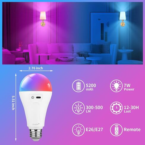 2 حزمة 5200mAh مصابيح كهربائية قابلة لإعادة الشحن مع لمبة كهربائية تعمل بالبطارية E26 عن بعد للمصابيح والشمعدات ، ومصابيح ضوء الطوارئ اللاسلكية قابلة للضايق مع خطاف ، ودرجات حرارة 3 ألوان و 12 RGB اللون in Saudi Arabia