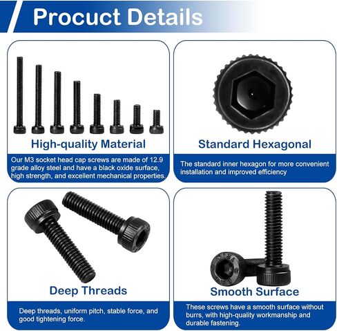 MroMax 270 Pcs M4 Screw Assortment, Metric Hex Socket Head Cap Bolts, M4x6mm/8mm/12mm/16mm/20mm/30mm Screws, Nuts and Washers, 12.9 Grade Alloy Steel, Blackening Treatment in Saudi Arabia