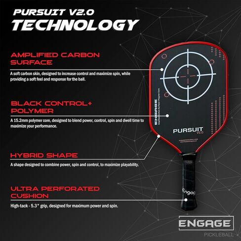 إشراك Pursuit v2.0 Pickleball Paddle - سطح الكربون المضخم للتحكم الفائق وتدور مع استجابة+ بوليمر Core ، معتمد من USAPA - للاعبين من أي مستوى مهارة in Saudi Arabia