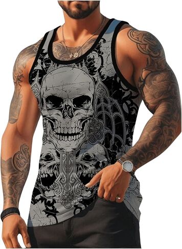 Wdirara Men's Gothic Skull Print Tank Top Ocleveless Crew Neck Tops Tops Workout Tops in Saudi Arabia