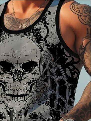 Wdirara Men's Gothic Skull Print Tank Top Ocleveless Crew Neck Tops Tops Workout Tops in Saudi Arabia