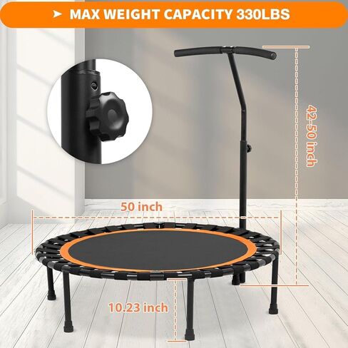 50 "قابلة للطي الترامبولين للبالغين ، 330 رطلاً من بنجي ترامبولين داخلي/في الهواء الطلق مع مقبض رغوة قابلة للتعديل ، معدات تمرين مستقرة ، هادئة لصالة الألعاب الرياضية المنزلية. in Kuwait