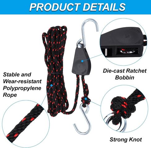 PATIKIL 2 Pcs Kayak Rope Tie Down Straps, 1/4" x 16 ft Heavy Kayak Rope Straps Canoe Bow and Stern Tie Downs Straps Adjustable Rope Hanger Ratchet Kayak Transport Accessories in Saudi Arabia