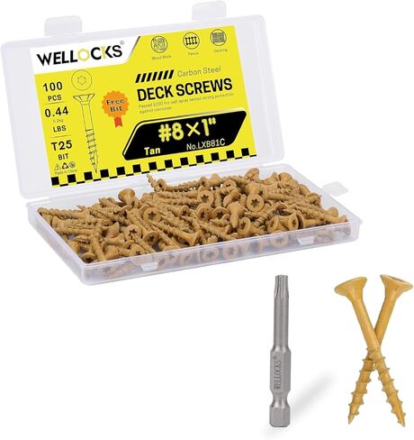 براغي سطح السفينة Wellocks 8 * 1 (200 جم) ، TAN 100 PCS ، مقاومة للصدأ ، ومقاومة للرذاذ الملح ، مطلي بالإيبوكسي ، T25 TORX متضمنة للسياج الخشبي ، التزيين والولايات المتحدة in Kuwait