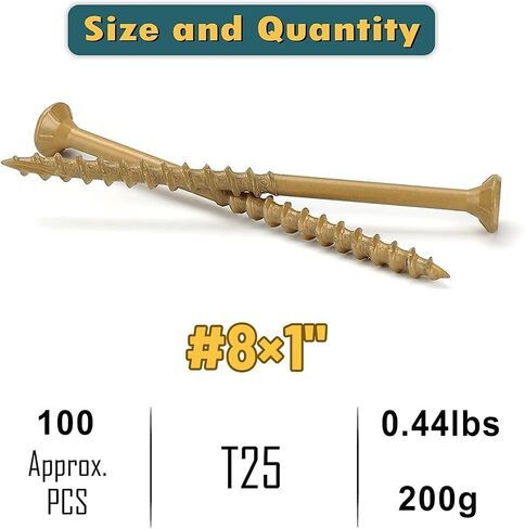 براغي سطح السفينة Wellocks 8 * 1 (200 جم) ، TAN 100 PCS ، مقاومة للصدأ ، ومقاومة للرذاذ الملح ، مطلي بالإيبوكسي ، T25 TORX متضمنة للسياج الخشبي ، التزيين والولايات المتحدة in Kuwait