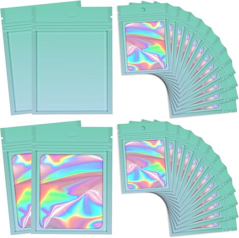 100 Pieces Resealable Packaging Bags With Clear Window - Holographic Gradient Multi-colored Reusable Mylar Zip Pouch - Transparent Sample for Small Business 3.5x4.7 Inch in Kuwait