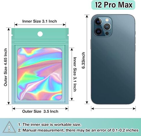 100 Pieces Resealable Packaging Bags With Clear Window - Holographic Gradient Multi-colored Reusable Mylar Zip Pouch - Transparent Sample for Small Business 3.5x4.7 Inch in Kuwait