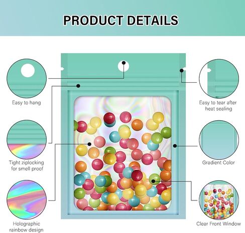 100 Pieces Resealable Packaging Bags With Clear Window - Holographic Gradient Multi-colored Reusable Mylar Zip Pouch - Transparent Sample for Small Business 3.5x4.7 Inch in Kuwait