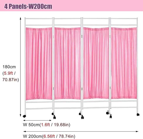 Iron Frame Medical Privacy Screen Pink 4 Panels, Rolling Room Divider with 360° Rotating Universal Wheel, Partition Screen for Spa Lab Cubicle Privacy in Saudi Arabia