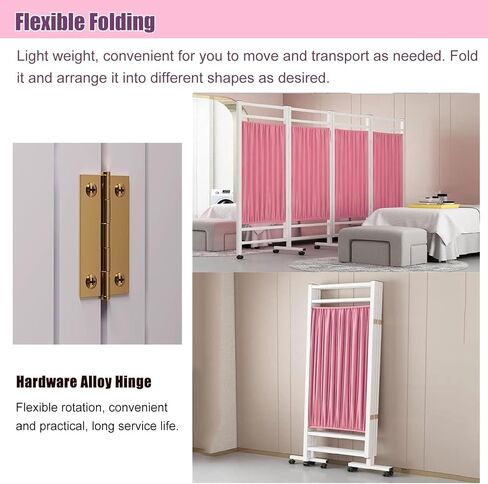 Iron Frame Medical Privacy Screen Pink 4 Panels, Rolling Room Divider with 360° Rotating Universal Wheel, Partition Screen for Spa Lab Cubicle Privacy in Saudi Arabia