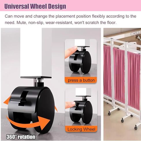 Iron Frame Medical Privacy Screen Pink 4 Panels, Rolling Room Divider with 360° Rotating Universal Wheel, Partition Screen for Spa Lab Cubicle Privacy in Saudi Arabia