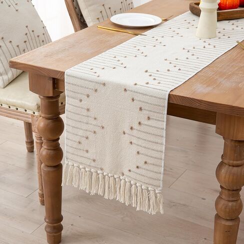 Table Runner 108 Inches Long, Boho Style with Handmade Tassels, 70% Cotton & 30% Linen, Modern Farmhouse Home Decor for Living Room (Beige Taupe, 12x108 Inch) in Saudi Arabia