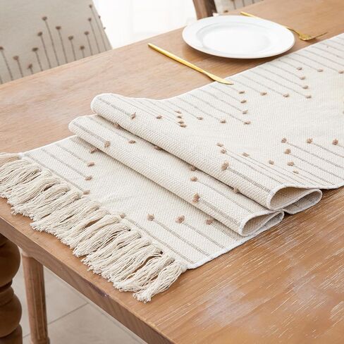 Table Runner 108 Inches Long, Boho Style with Handmade Tassels, 70% Cotton & 30% Linen, Modern Farmhouse Home Decor for Living Room (Beige Taupe, 12x108 Inch) in Saudi Arabia