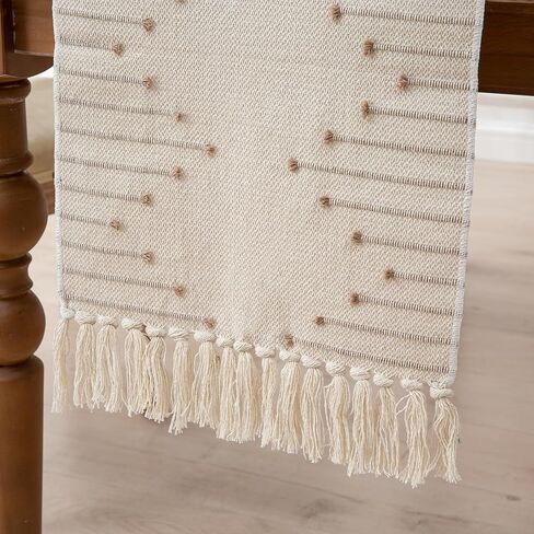 Table Runner 108 Inches Long, Boho Style with Handmade Tassels, 70% Cotton & 30% Linen, Modern Farmhouse Home Decor for Living Room (Beige Taupe, 12x108 Inch) in Saudi Arabia