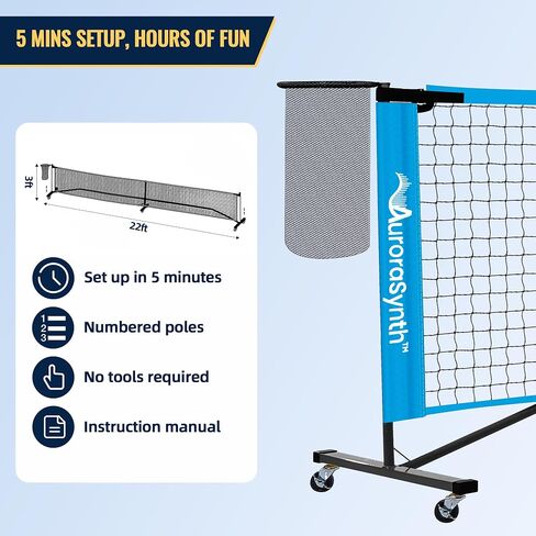 Aurorasynth Portable Pickleball Net مع عجلات ، 22 × 3 أقدام من حجم الكرة المخللة مع جامع الكرة ، 4 كرات المخلل ، 4 مجاذيف للمخلل ، حقيبة حمل للأفناء الخلفية ، الممر ، المرآب in Saudi Arabia