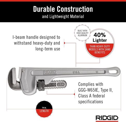 RIDGID 31095 Model 814 Aluminum Straight 14" Plumbing Pipe Wrench, Silver, Made in the USA in Saudi Arabia