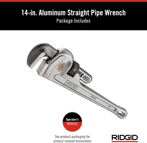 RIDGID 31095 Model 814 Aluminum Straight 14" Plumbing Pipe Wrench, Silver, Made in the USA in Saudi Arabia