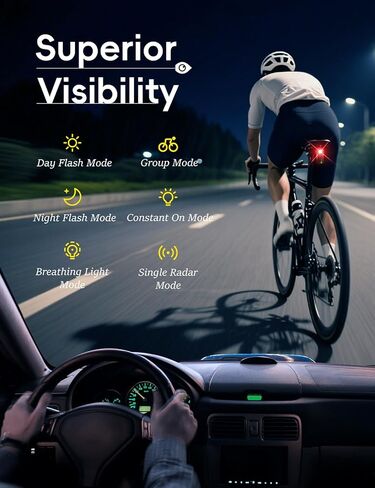 Ride-X9 Smart Bike Radar Tail Lights ، Pioneering-Level 120 ° الكشف عن المركبات ، تنبيه أمان الدراجات ، IP67 مقاوم للماء ، شحنة من النوع C ، عرض تطبيق الدعم ، ومعظم الكمبيوتر المتوافقة in Kuwait