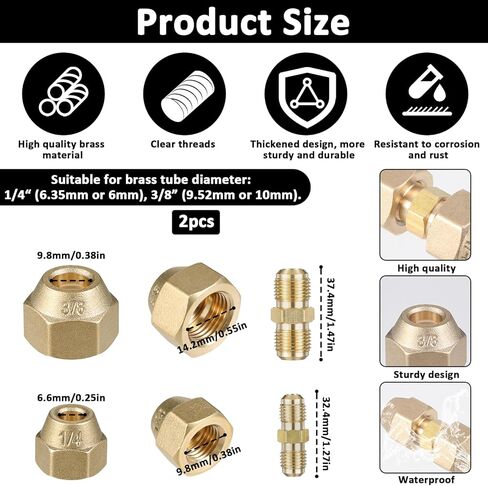 2 Pcs Copper Pipe Extension Joint Connectors, 1/4" and 3/8" HVAC Pipe Coupling Adapters with Flare Nuts Air Conditioning Pipes Connectors Free Welding flare fittings for Butt Copper Tube in Kuwait
