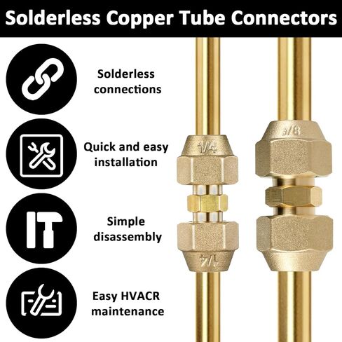 2 Pcs Copper Pipe Extension Joint Connectors, 1/4" and 3/8" HVAC Pipe Coupling Adapters with Flare Nuts Air Conditioning Pipes Connectors Free Welding flare fittings for Butt Copper Tube in Kuwait