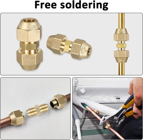 2 Pcs Copper Pipe Extension Joint Connectors, 1/4" and 3/8" HVAC Pipe Coupling Adapters with Flare Nuts Air Conditioning Pipes Connectors Free Welding flare fittings for Butt Copper Tube in Kuwait