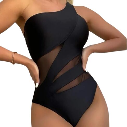 Women Mesh One Piece Swimsuit - Tummy Control One Shoulder Bathing Suit Cut Out Swimwear 2025 in Saudi Arabia