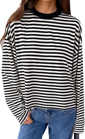 Womens Striped Sweatshirt Oversized Crewneck Long Sleeve Shirt Pullover Y2K Tops in Kuwait